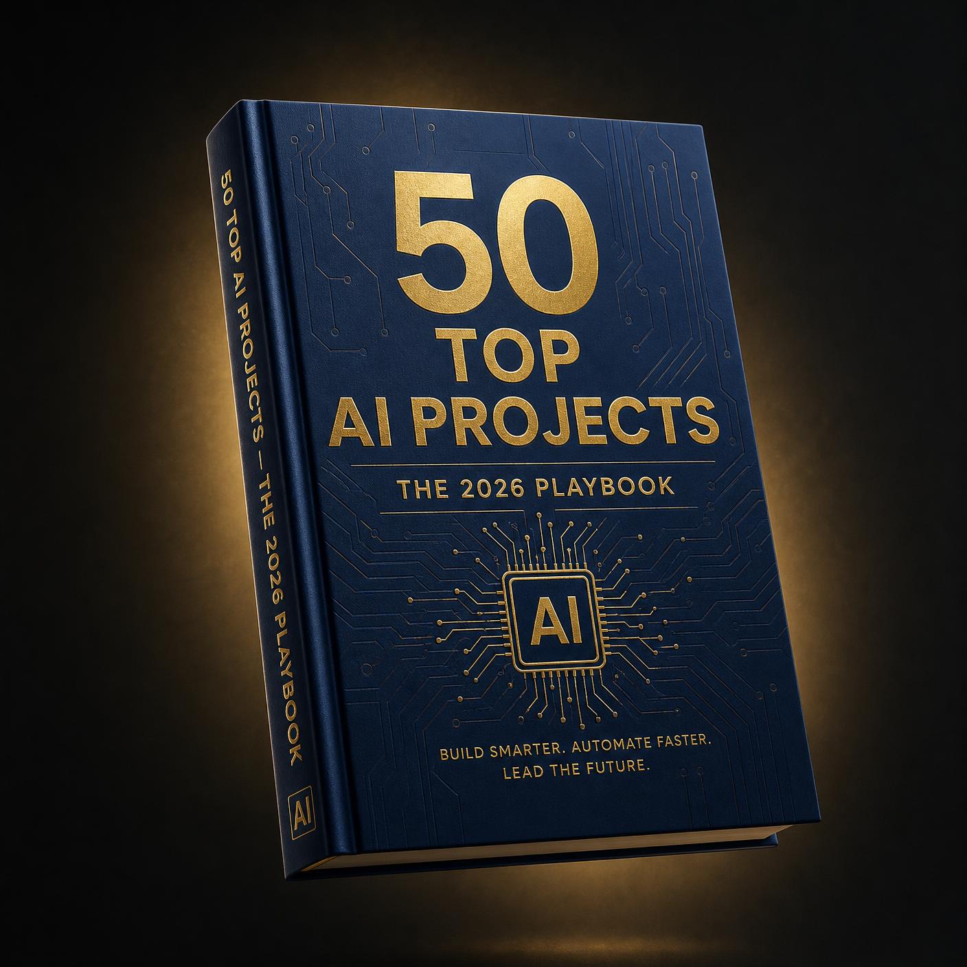 50 Top AI Projects — The 2026 Playbook, hardcover book with gold foil typography